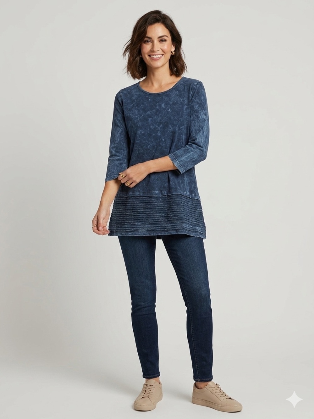 Jess & Jane Mineral Wash Blue Tunic Top - Medium - Made in USA Textured Hem